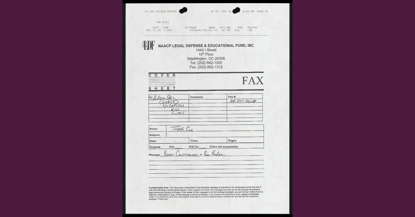 Ldf Notes Correspondence from Cox to Stein Re: Race Consciousness Notes