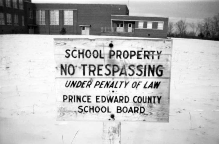 A "no trespassing" sign at Robert R. Moton High School in Prince Edward County, Virginia.