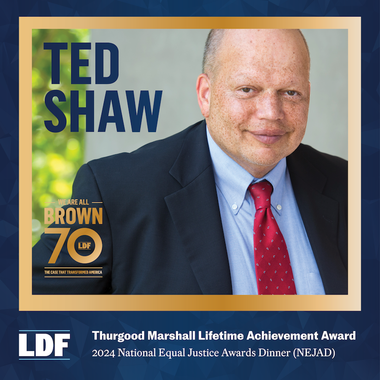 Color photo of Ted Shaw wearing a suit, with a border and text that reads, "We Are All Brown 70: The Case that Transformed America" and "LDF Thurgood Marshall Lifetime Achievement Award 2024 National Equal Justice Awards Dinner (NEJAD)."