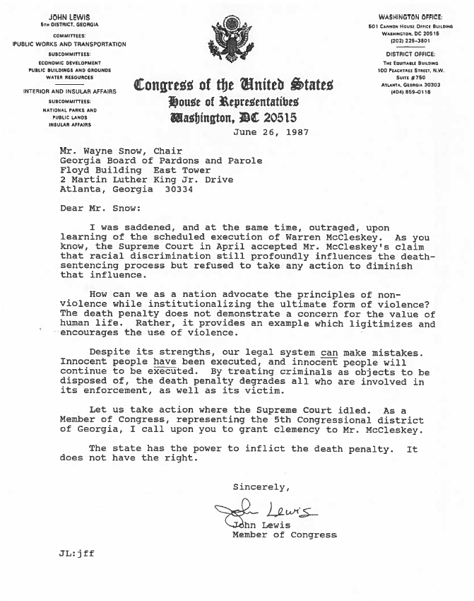 A clemency letter on behalf of Warren McCleskey from Rep. John Lewis, dated June 26, 1987.