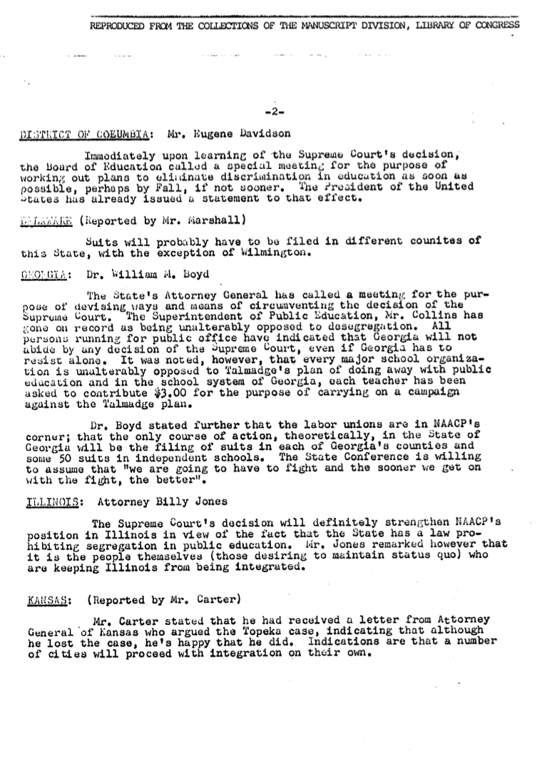 Page 2 of excerpts from reports of various state leaders re: overall picture of state reaction to Supreme Court decision; possibility of starting litigation, etc., dated May 22, 1954.