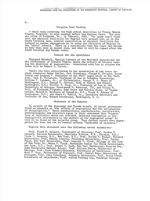 Page 6 of an NAACP memo regarding public school desegregation cases, dated October 9, 1952.