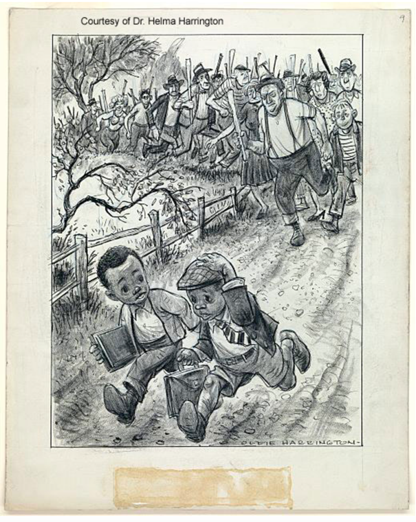 A political cartoon showing two young Black boys running away from an angry mob of white people holding sticks.