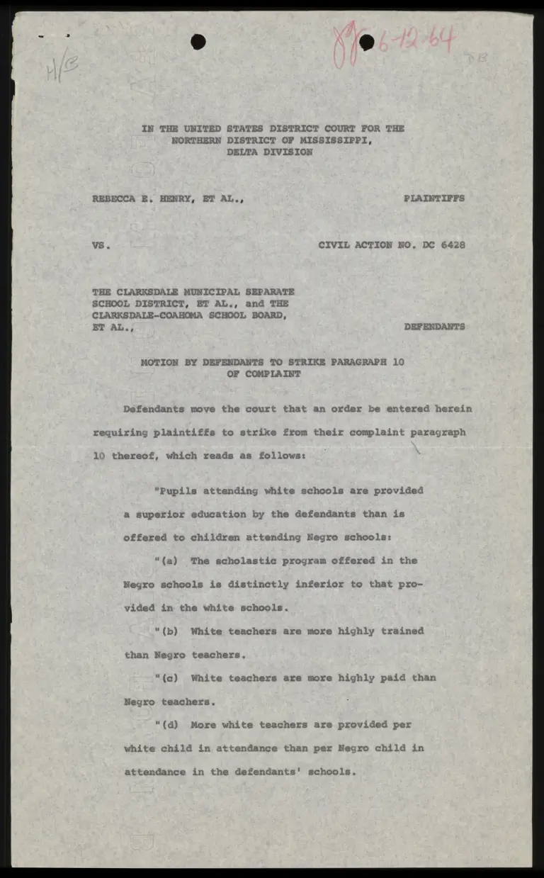Motion by Defendants to Strike Paragraph 10 of Complaint preview