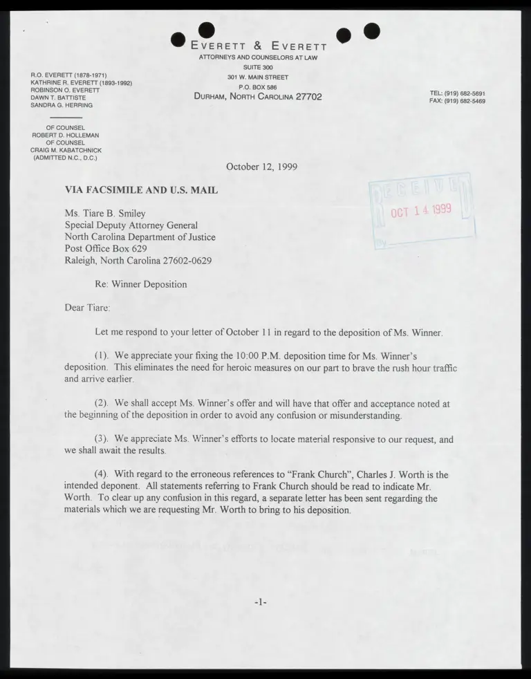 Letter to Smiley from Everett RE: Winner Deposition preview