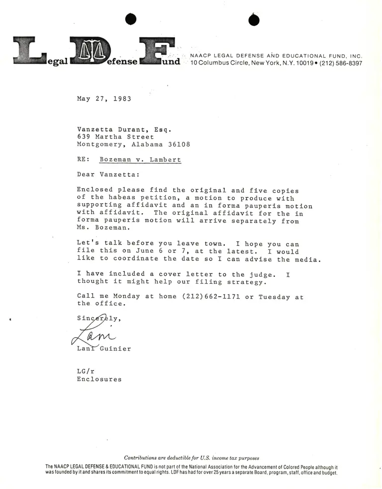 Correspondence from Lani Guinier to Vanzetta Durant, Esq. Re: Bozeman v. Lambert preview