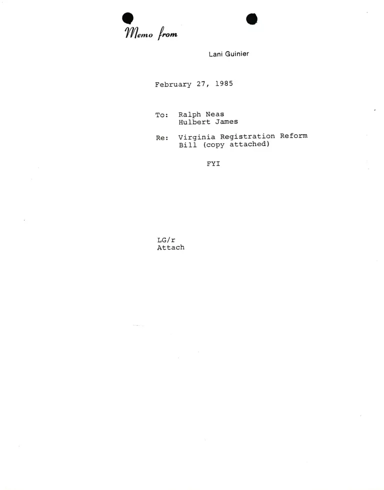 Memorandum from Lani Guinier to Ralph Neas and Hulbert James Re: Virginia Registration Reform Bill preview