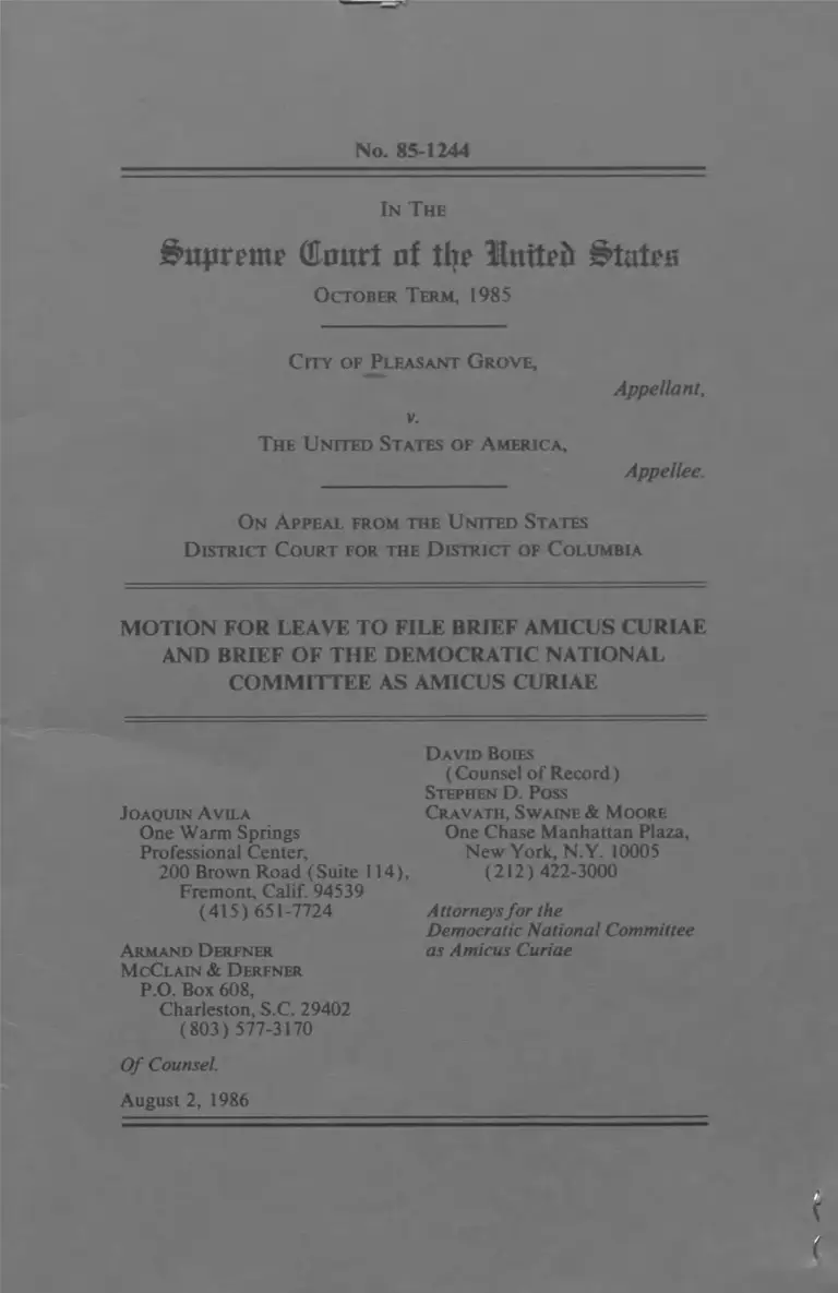 Pleasant Grove v. United States Motion for Leave to File and Brief Amicus Curiae preview