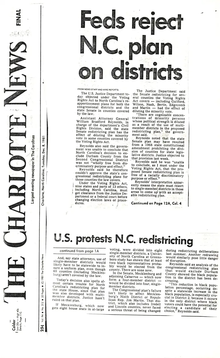 Feds Reject N.C. Plan on Districts (The Charlotte News) preview