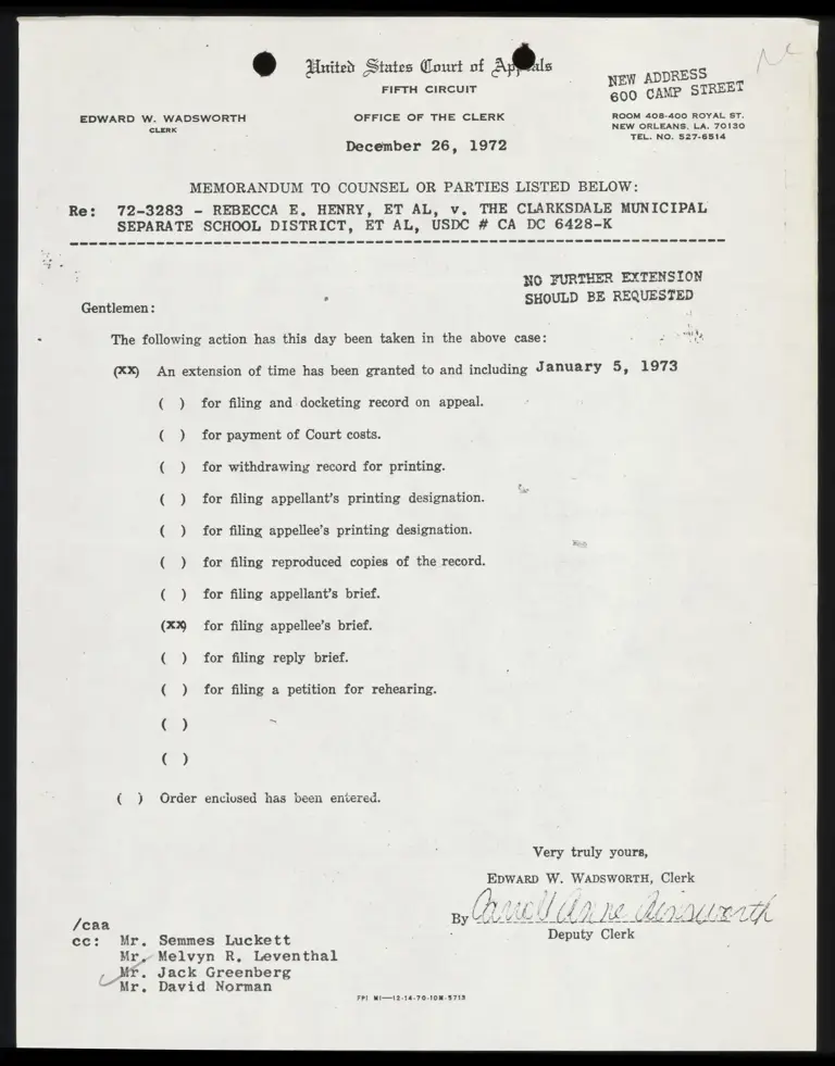 Correspondence from Clerk to Counsel Re: Extension of Time to File Appellee's Brief preview