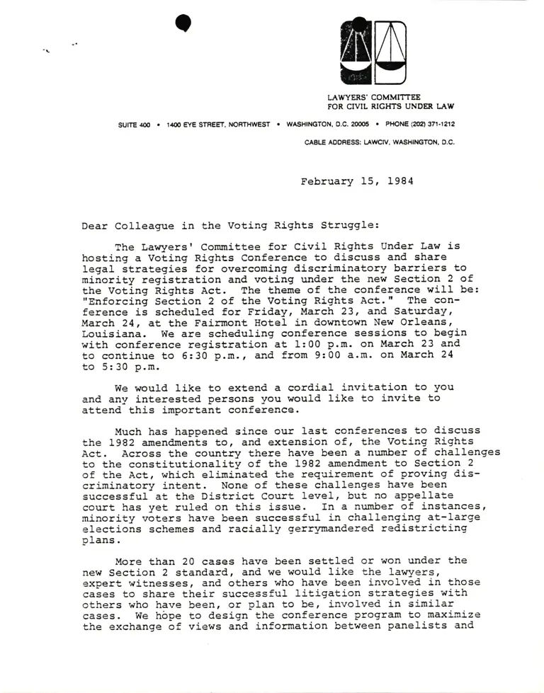 Letter from Frank R. Parker to Lani Guinier RE: Voting Rights Conference preview