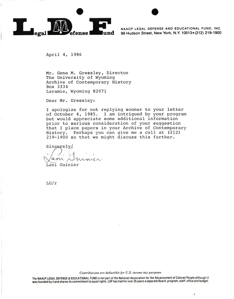 Correspondence from Lani Guinier to Gene M. Gressley (University of Wyoming) preview