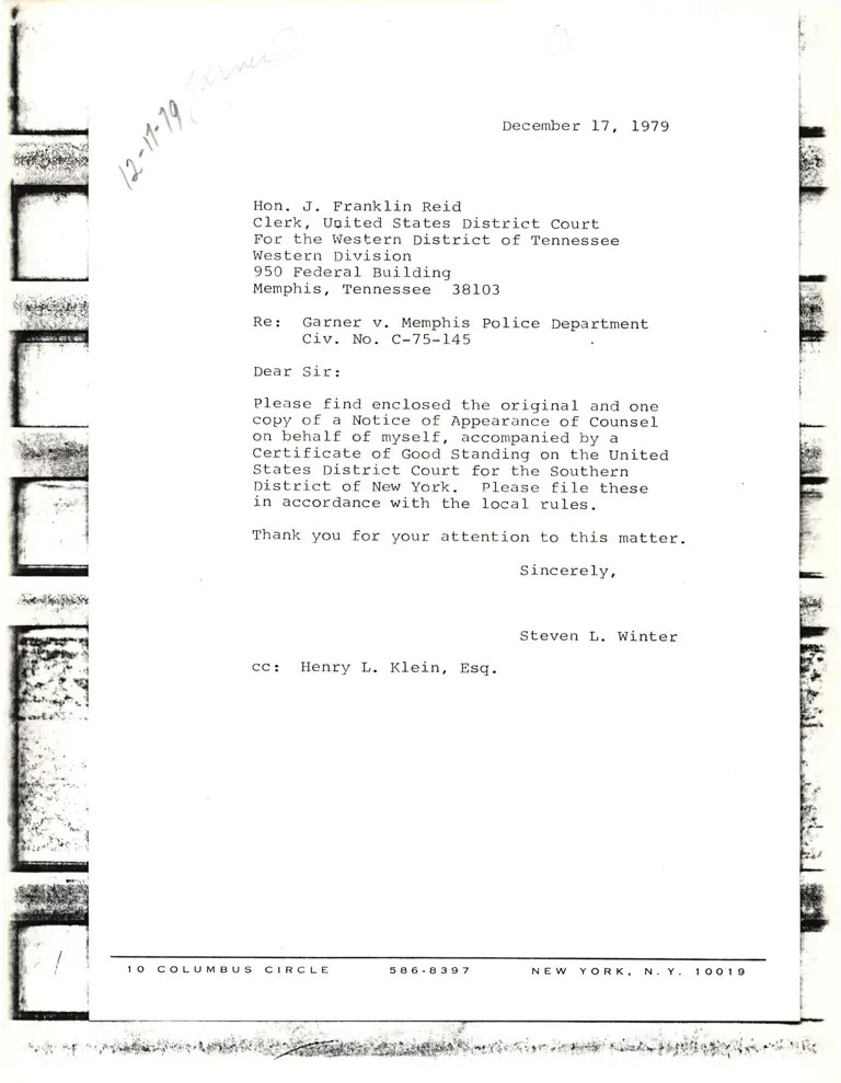 Correspondence from Steven L. Winter to J. Franklin Reid preview