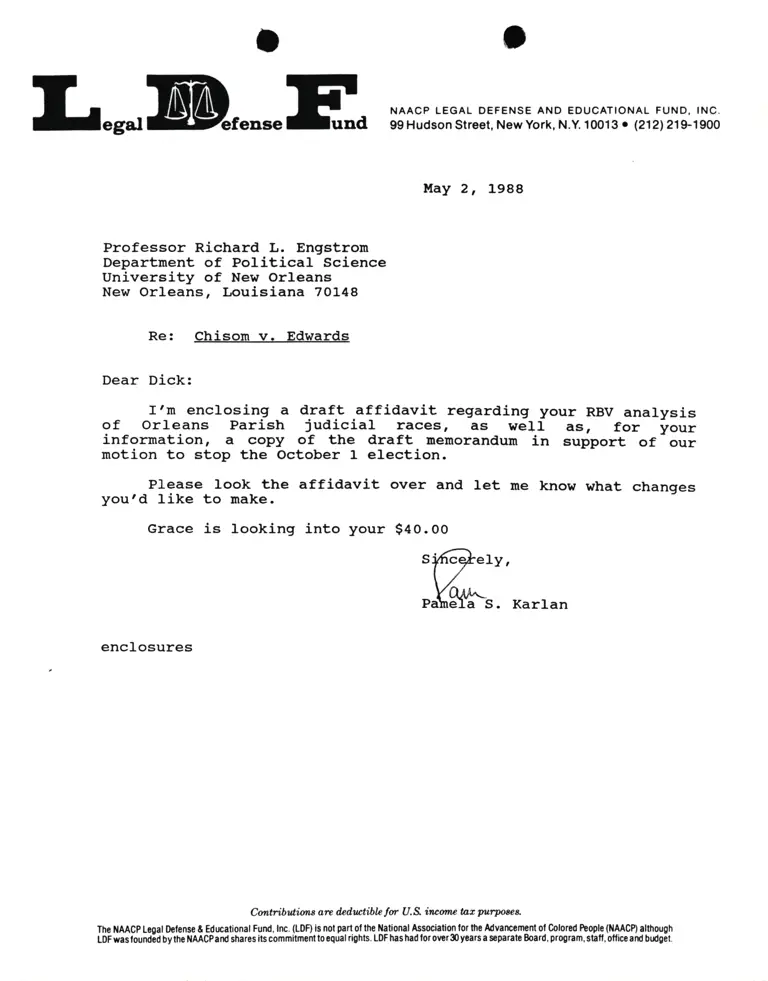 Correspondence from Pamela Karlan to Prof. Richard L. Engstrom Re Chisom v. Edwards preview