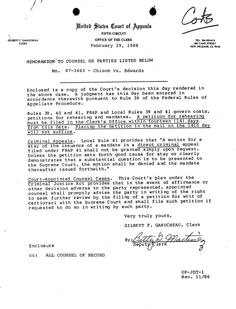 Memorandum form Ganucheau (Clerk) to Counsel; Chisom v. Edwards Court Opinion preview