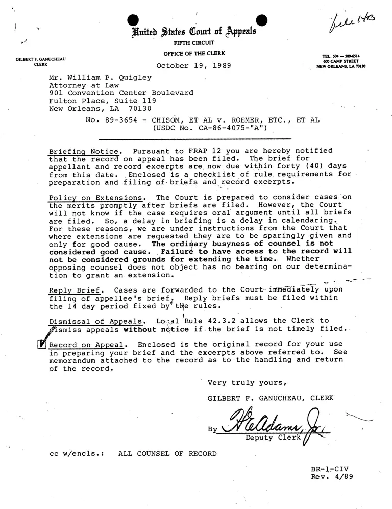 Correspondence from Ganucheau (Clerk) to Quigley; Rules on Preparing Your Appeal to the Fifth Circuit; Checklist of Rule Requirements for Preparation of Briefs and Record Excerpts; Appendix to the Briefs preview