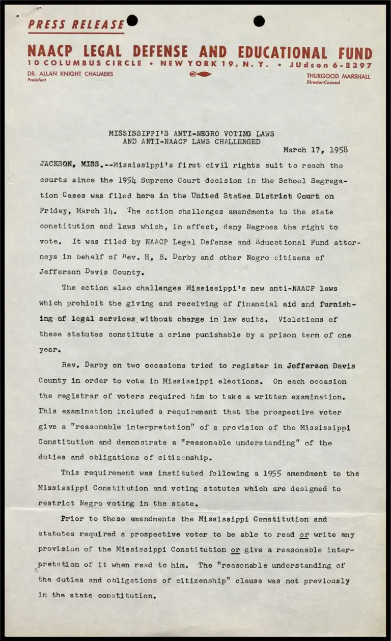 Mississippi's Anti-Negro Voting Laws and Anti-NAACP Laws Challenged preview