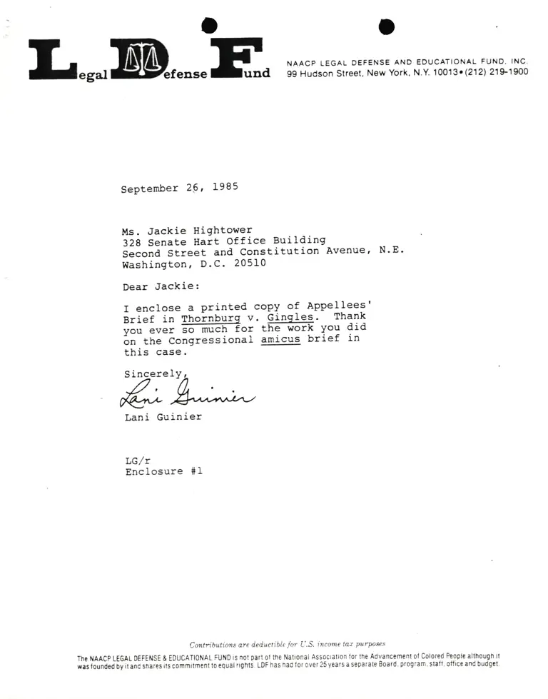 Correspondence from Lani Guinier to Jackie Hightower Re Thornburg v. Gingles preview