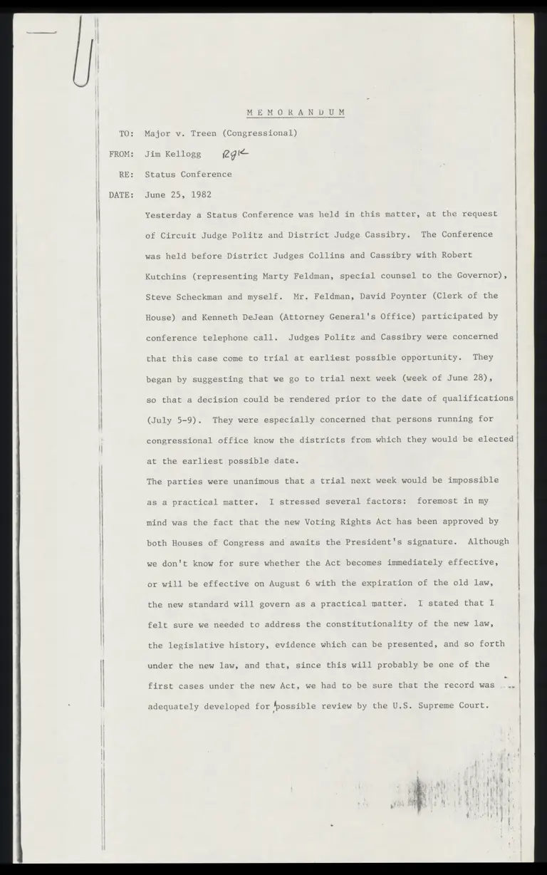 Memo from Jim Kellogg to Major v Treen (Congressional) RE Status Conference preview