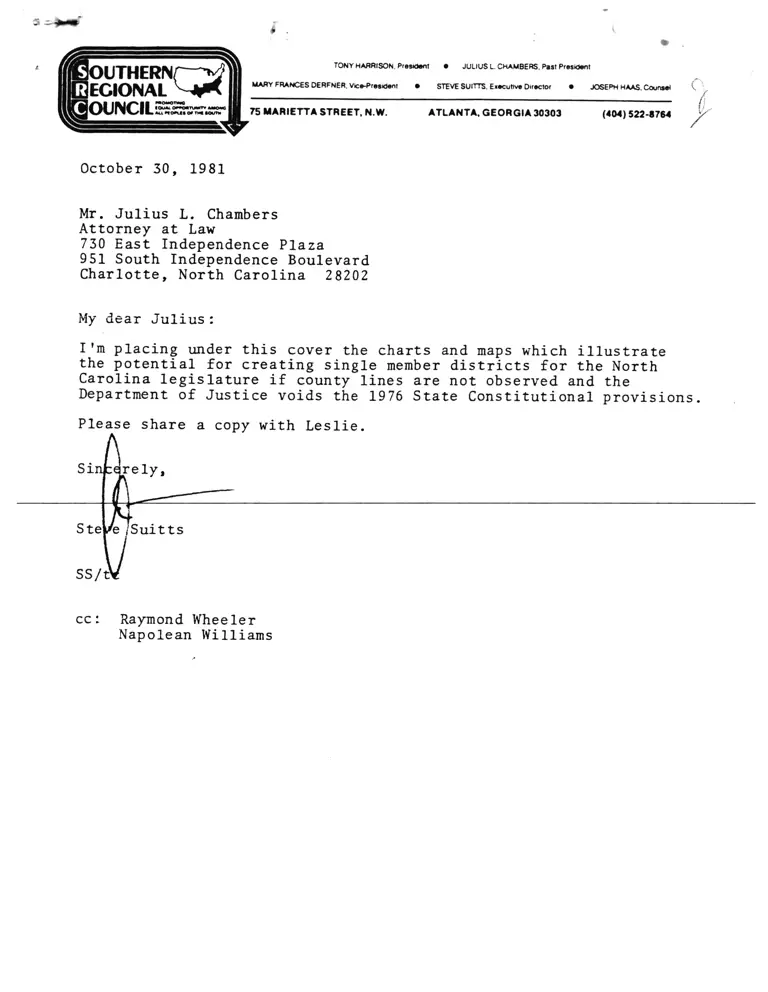 Correspondence from Suitts to Chambers; Summary of Proposed Single Member Districts for N.C. House of Representatives; Maps preview