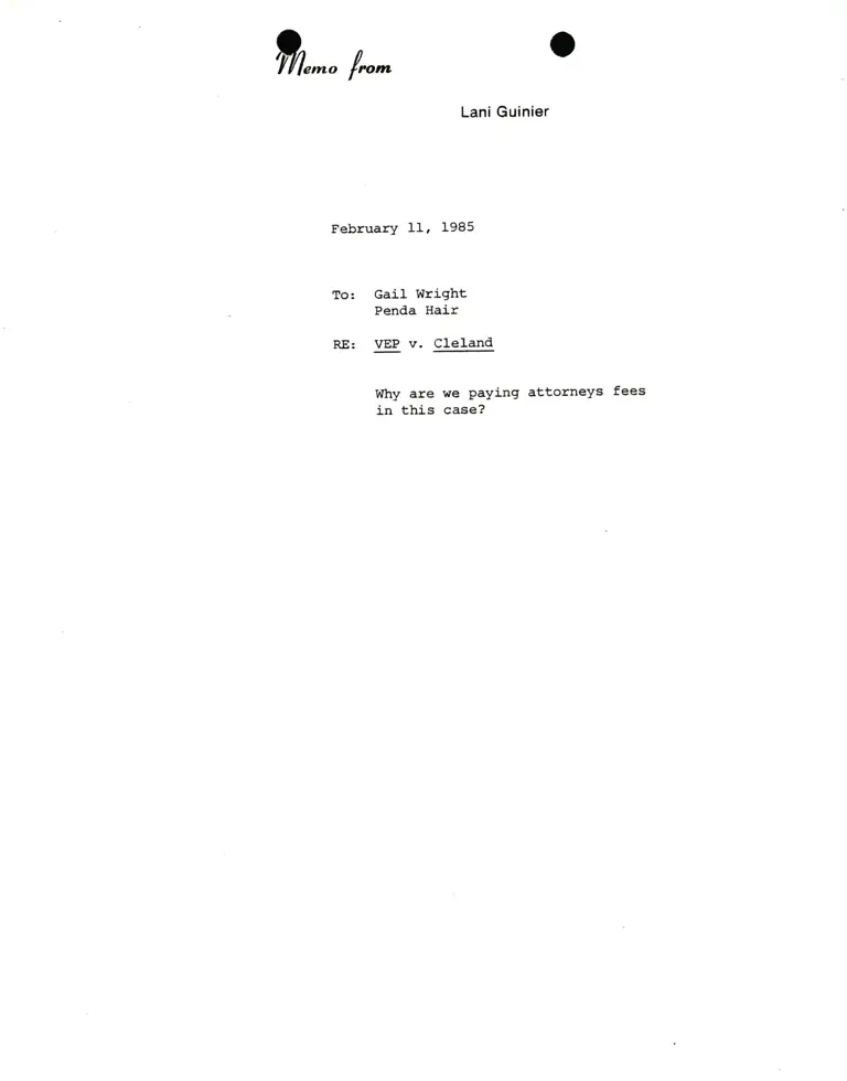 Memorandum from Lani Guinier to Gail Wright and Penda Hair Re: VEP v. Cleveland preview