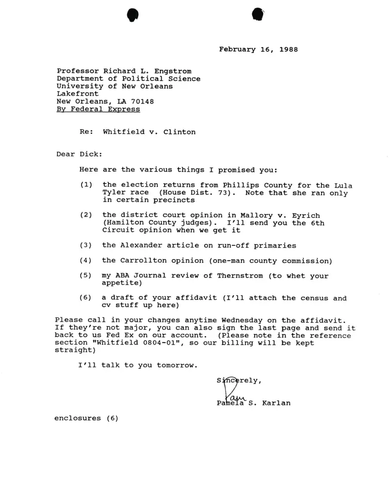 Correspondence from Pamela Karlan to Prof. Richard L. Engstrom Re Whitfield v. Clinton preview
