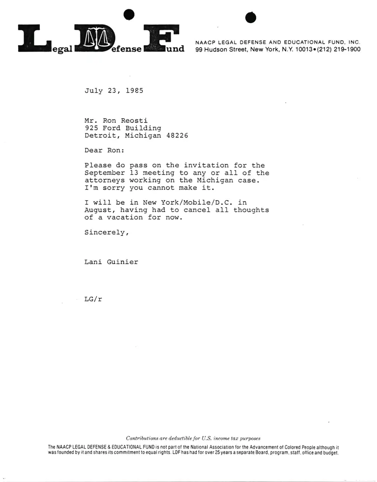Correspondence from Lani Guinier to Ron Reosti preview