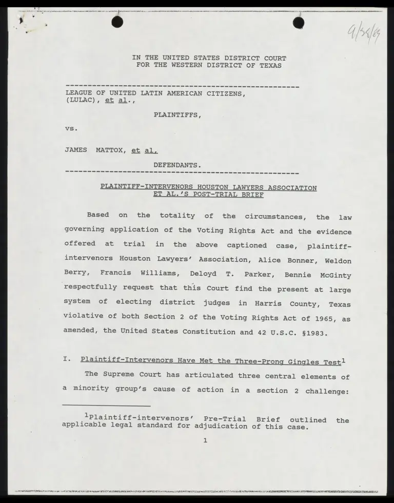 Plaintiff-Intervenors Houston Lawyers Association's Post-Trial Brief preview