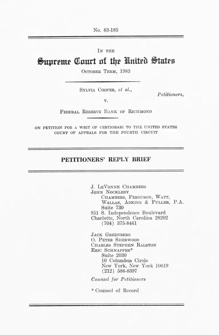 Cooper v. Federal Reserve Bank of Richmond Petitioners' Reply Brief preview