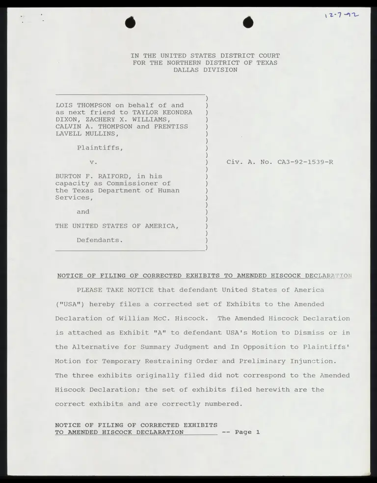 Notice of Filing of Corrected Exhibits to Amend Hiscock Declaration preview