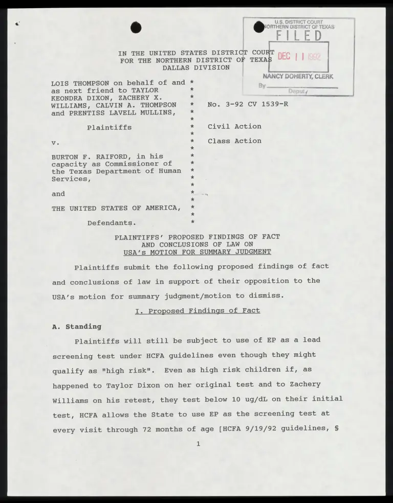 Plaintiff's Proposed Findings of Fact and Conclusions of Law on USA's Motion for Summary Judgement preview