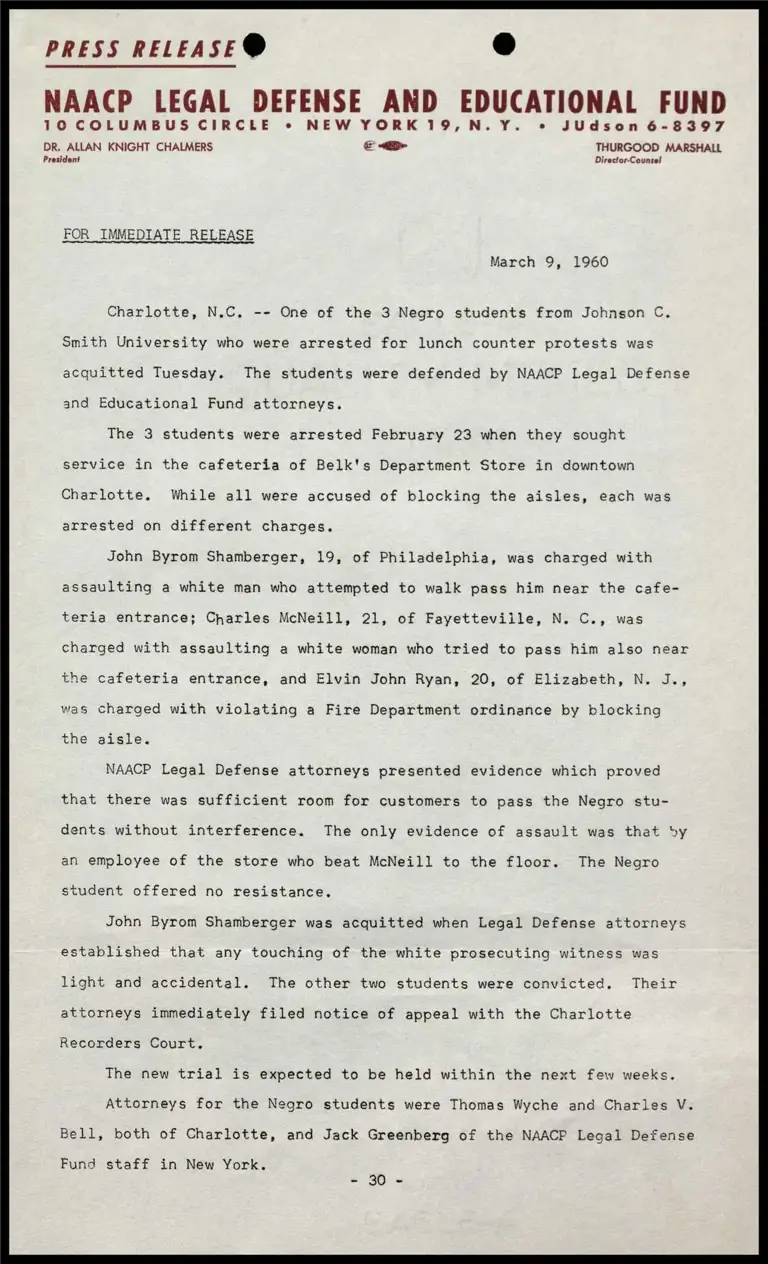 One of the 3 Negro students from Johnson C. Smith University who were arrested for lunch counter protests… preview