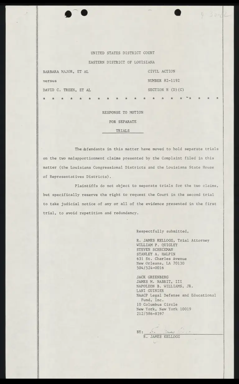 Defenses Response to Motion for Separate Trials; Plaintiffs Motion of Summary Judgment preview