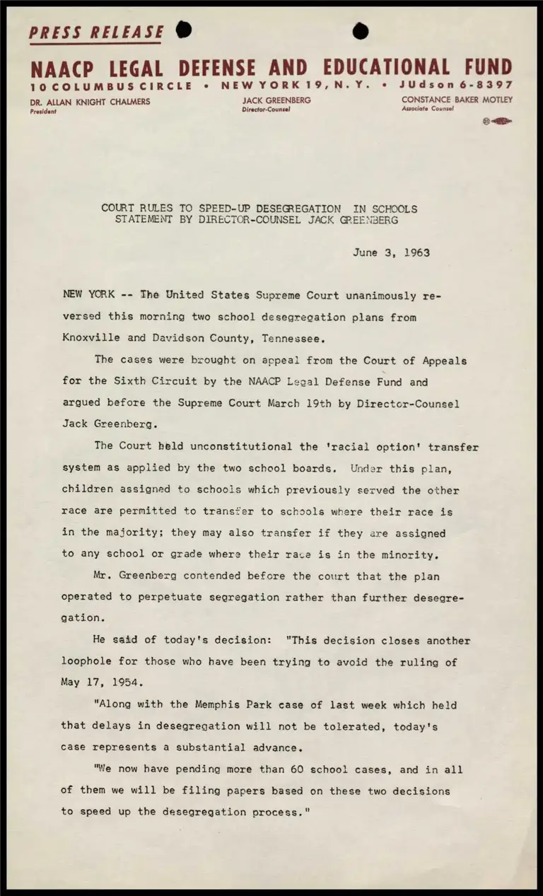 Court Rules to Speed-Up Desegregation in Schools Statement by Director-Counsel Jack Greenberg preview