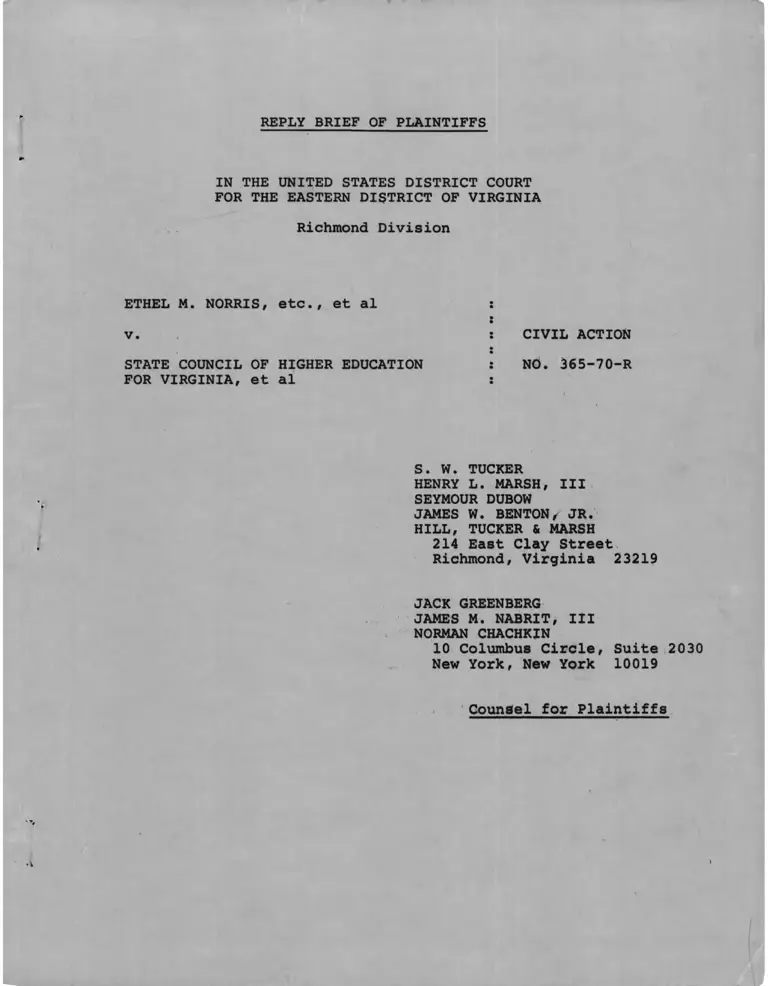 Norris v. Virginia State Council of Higher Education Reply Brief of Plaintiffs preview