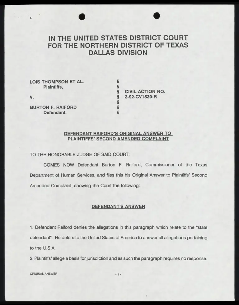 Defendant's Original Answer to Plaintiffs' Second Amended Complaint with Certificate of Service preview