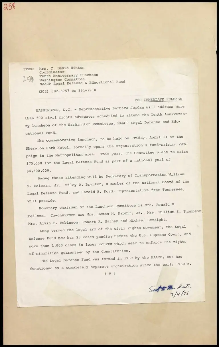Barbara Jordan to Give Address at 10th Anniversary Luncheon of the Washington Committee preview