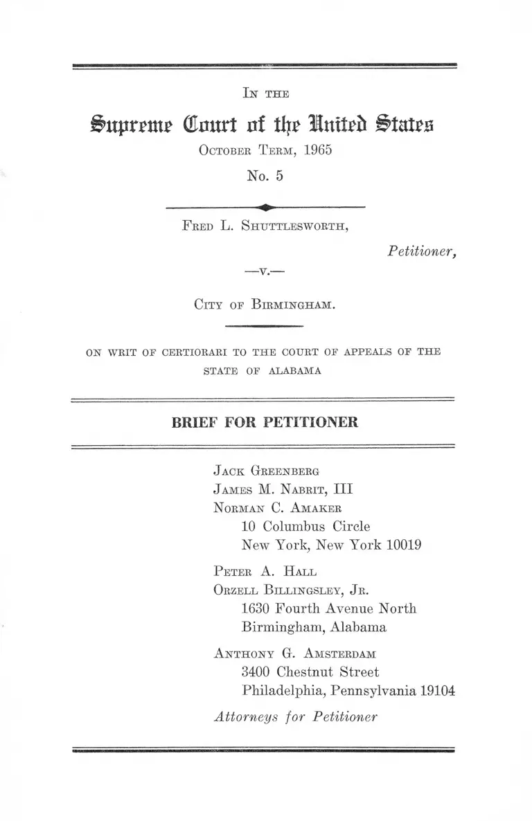 Shuttlesworth v Birmingham AL Brief for Petitioner preview