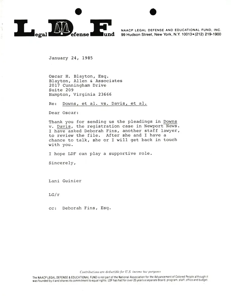 Correspondence from Lani Guinier to Oscar H. Blayton Re Downs v. Davis preview