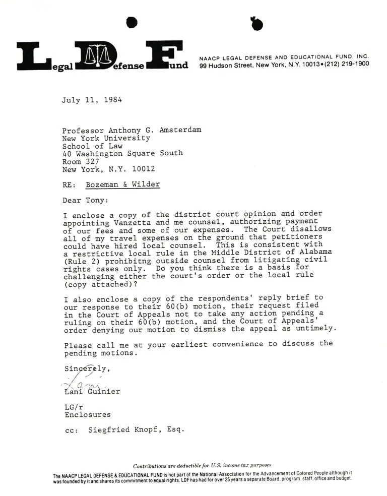 Letter from Lani Guinier to Professor Anthony G. Amsterdam RE: Bozeman & Wilder preview