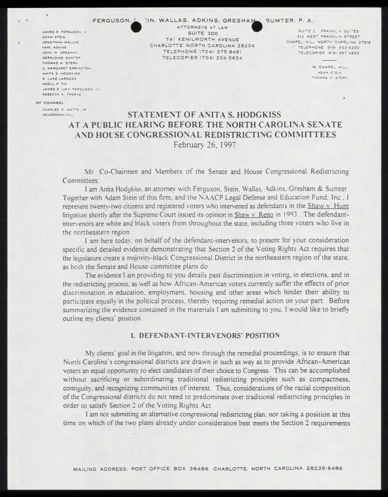 Statement of Anita S. Hodgkiss Before the North Carolina Senate and House Congressional Redistricting Committees preview