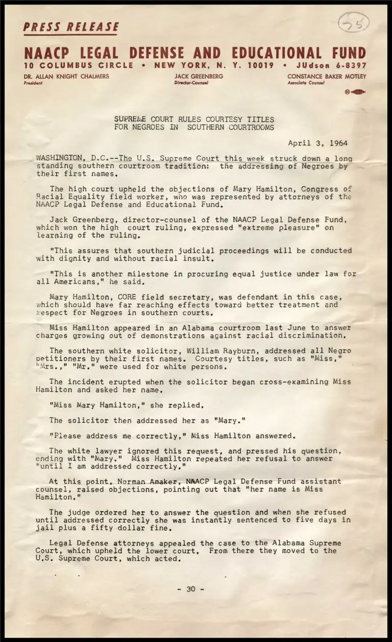 Supreme Court Rules Courtesy Titles for Negroes in Southern Courtrooms preview