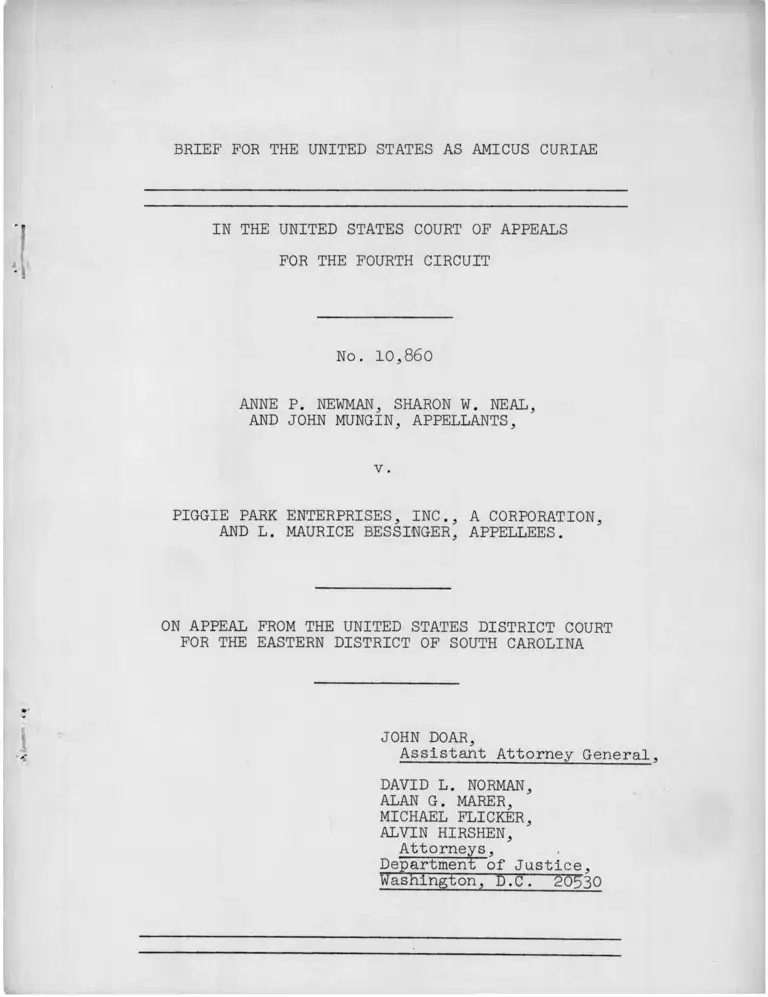 Newman v. Piggie Park Enterprises Brief Amicus Curiae preview