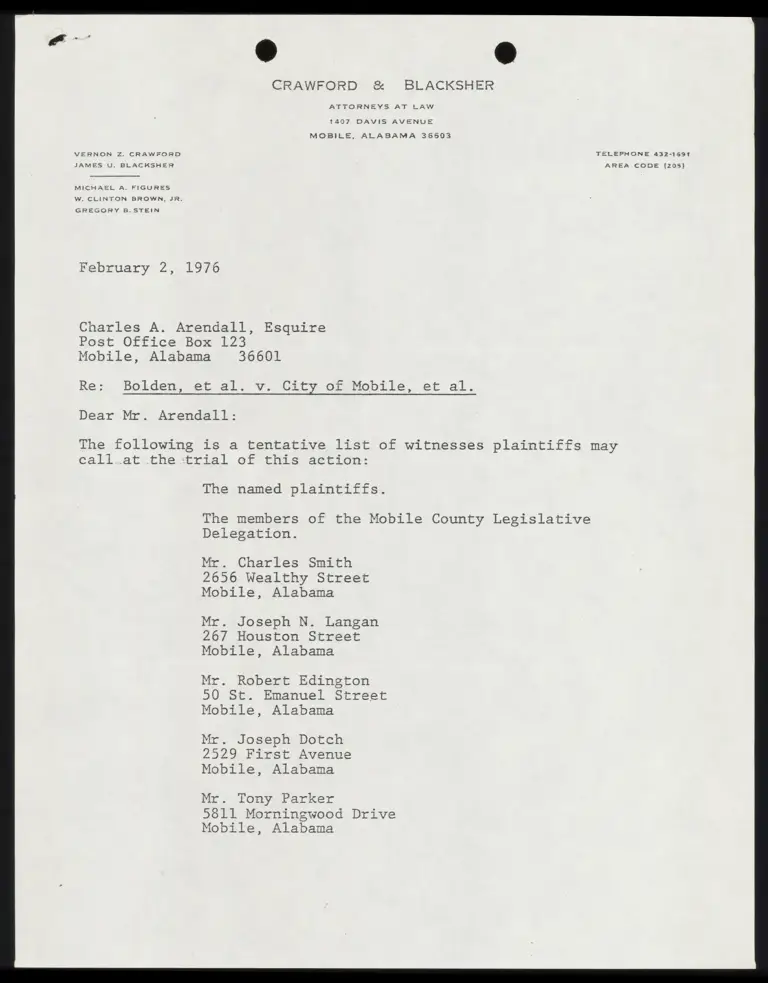 Letter From James Blacksher to Charles Arendall with List of Plaintiffs' Witnesses preview