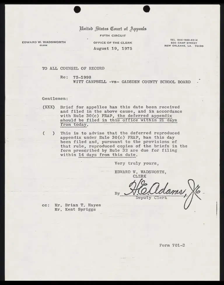 Correspondence from Clerk to All Counsel Re: Notice of Filing Brief of Appellee preview