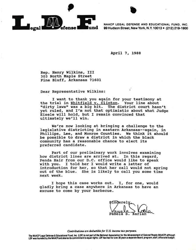 Correspondence from Pamela Karlan to Rep. Henry Wilkins, III (Whitfield v. Clinton) preview