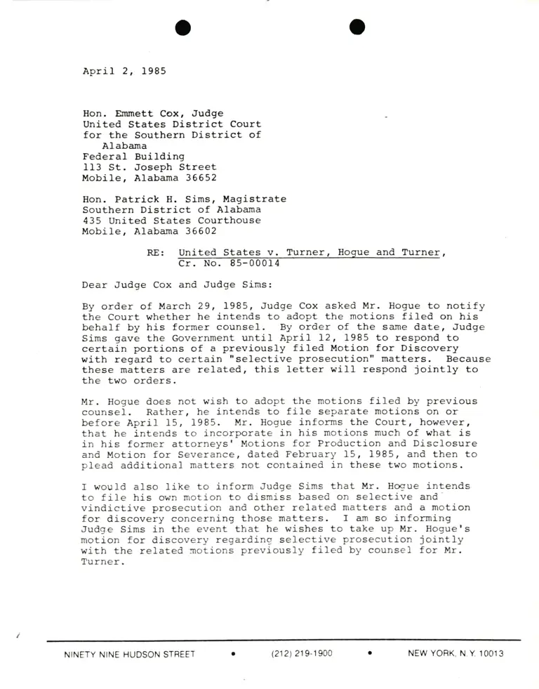 Correspondence from Lani Guinier to Judge Emmett Cox and Magistrate Patrick H. Sims Re: United States v. Turner preview