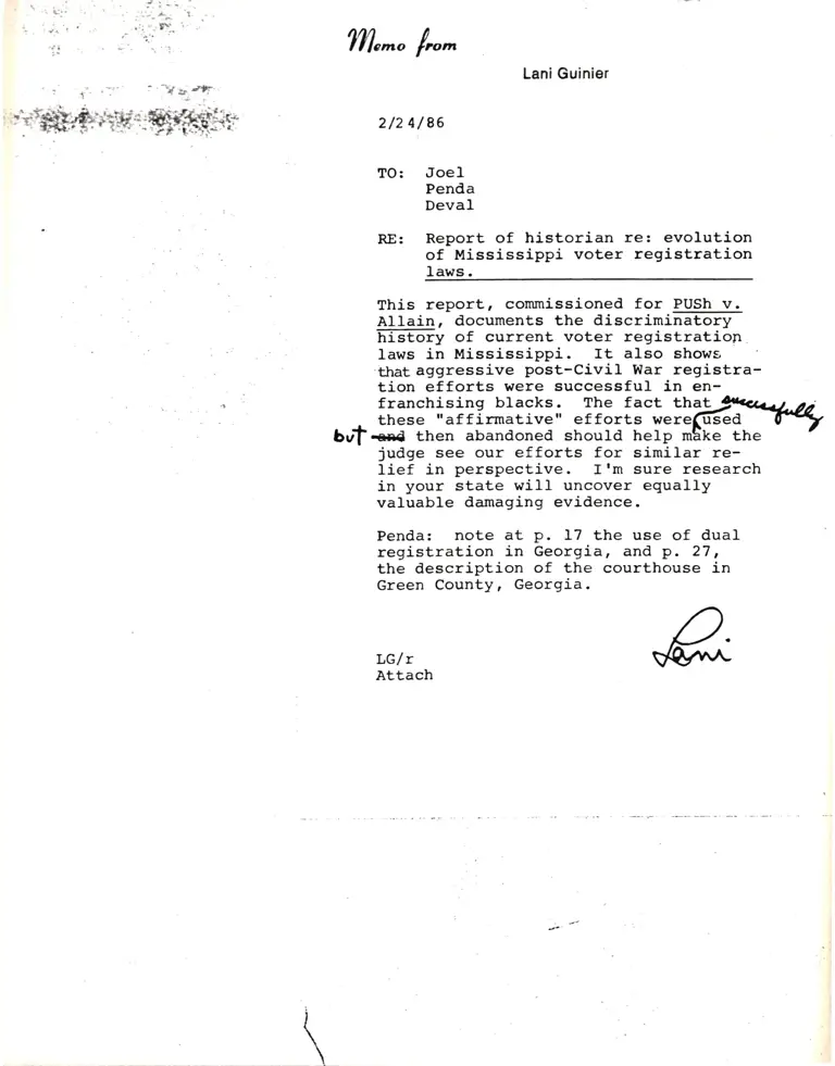 Memorandum from Lani Guinier to Joel (Berger), Penda Hair, and Deval Patrick Re Report of Historian re: Evolution of Mississippi Voter Registration Laws preview