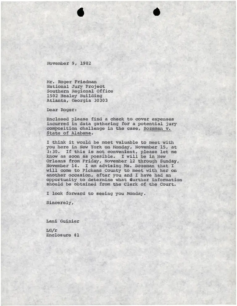 Letter from Lani Guinier to Roger Friedman re Bozeman v. Alabama preview