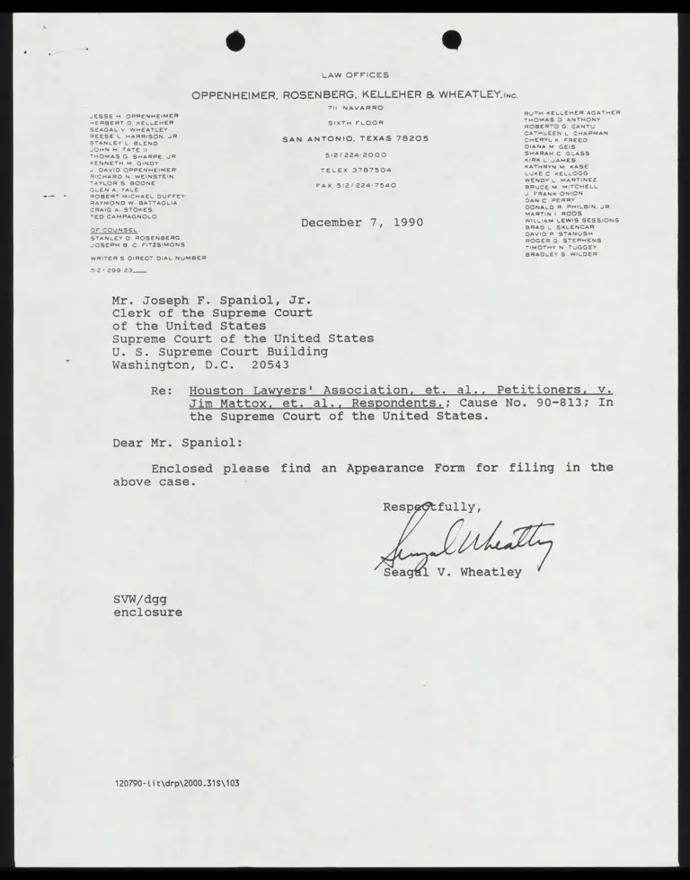 Correspondence from Wheatley to Clerk Re: Appearance Form for Seagal Wheatley preview